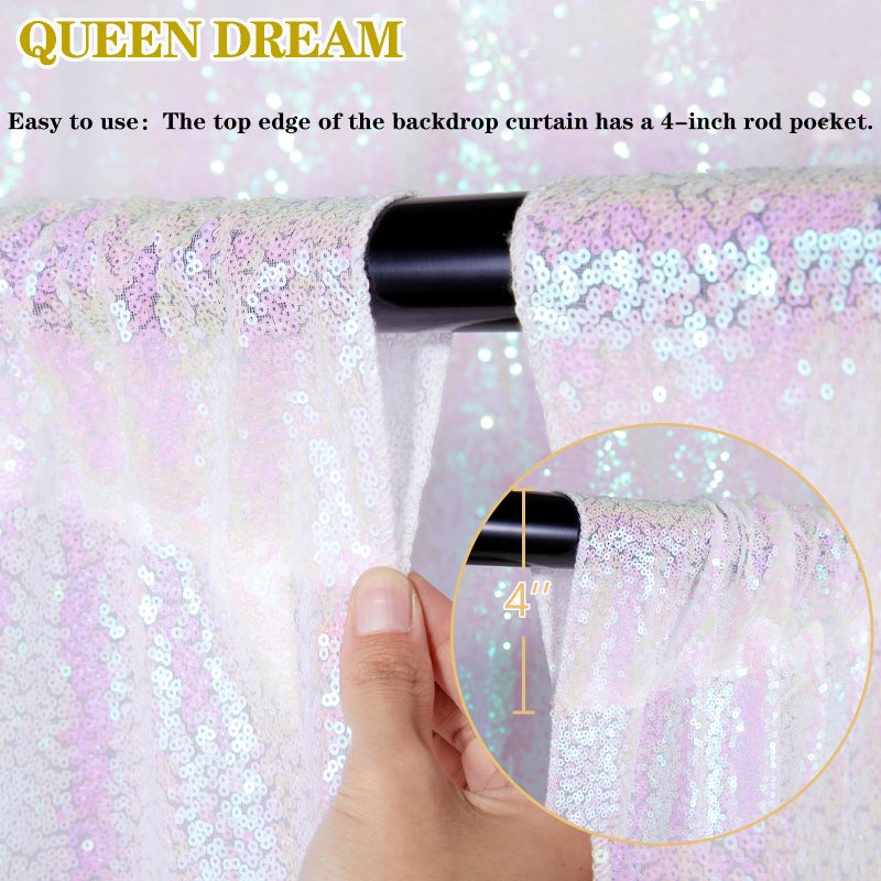 QueenDream White Iridescent Sequin Backdrop 2 Panels 2FTx8FT Unicorn Backdrop Curtains Glitter Party Backdrop for Girls Birthday Decorations - Image 3